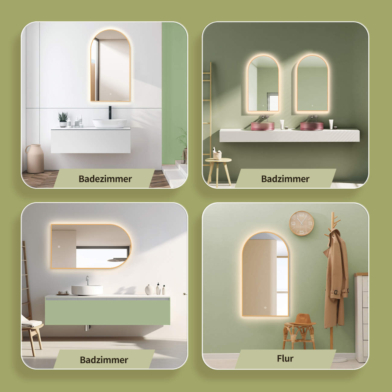 Badspiegel mit Beleuchtung, Bogenform Wandspiegel, Gold Metall Rahmen, Lichtwechsel,