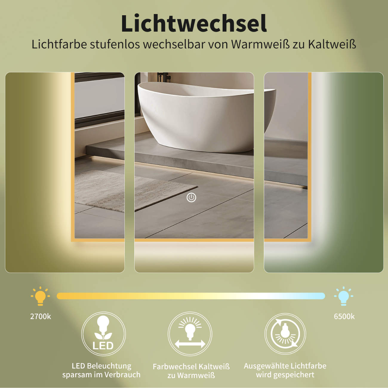Badspiegel mit Beleuchtung, Bogenform Wandspiegel, Gold Metall Rahmen, Lichtwechsel,