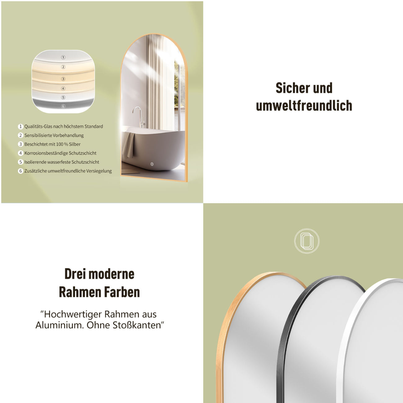 Badspiegel mit Beleuchtung, Bogenform Wandspiegel, Gold Metall Rahmen, Lichtwechsel,