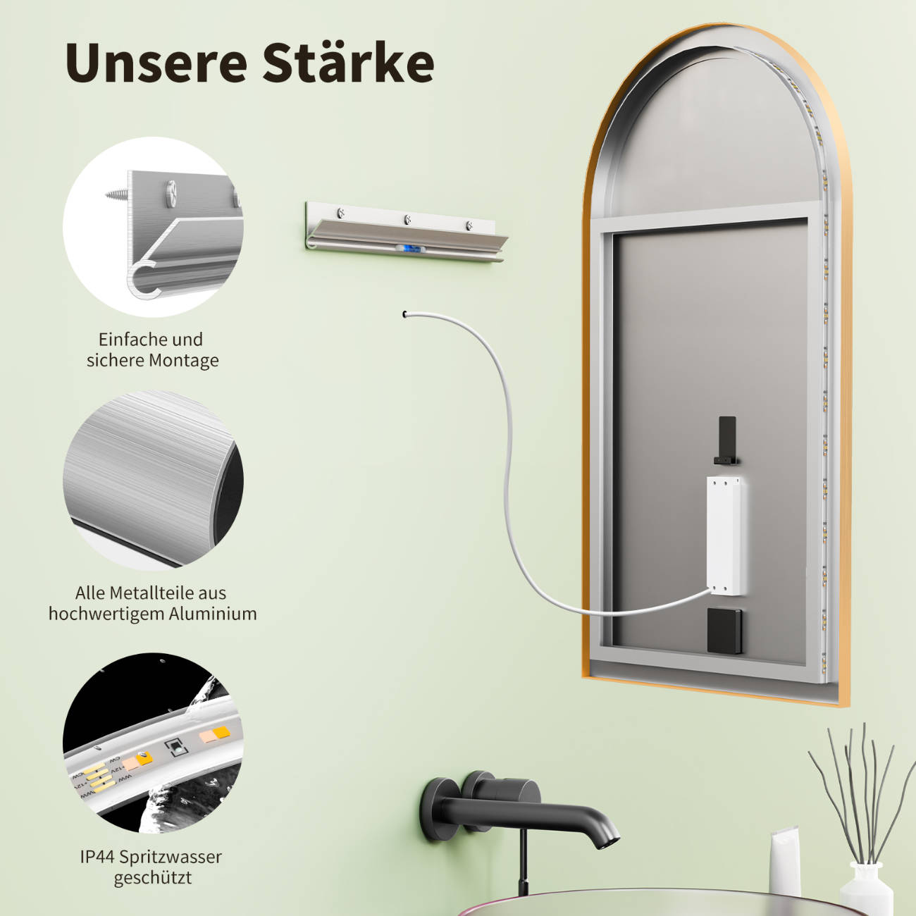 Badspiegel mit Beleuchtung, Bogenform Wandspiegel, Gold Metall Rahmen, Lichtwechsel,