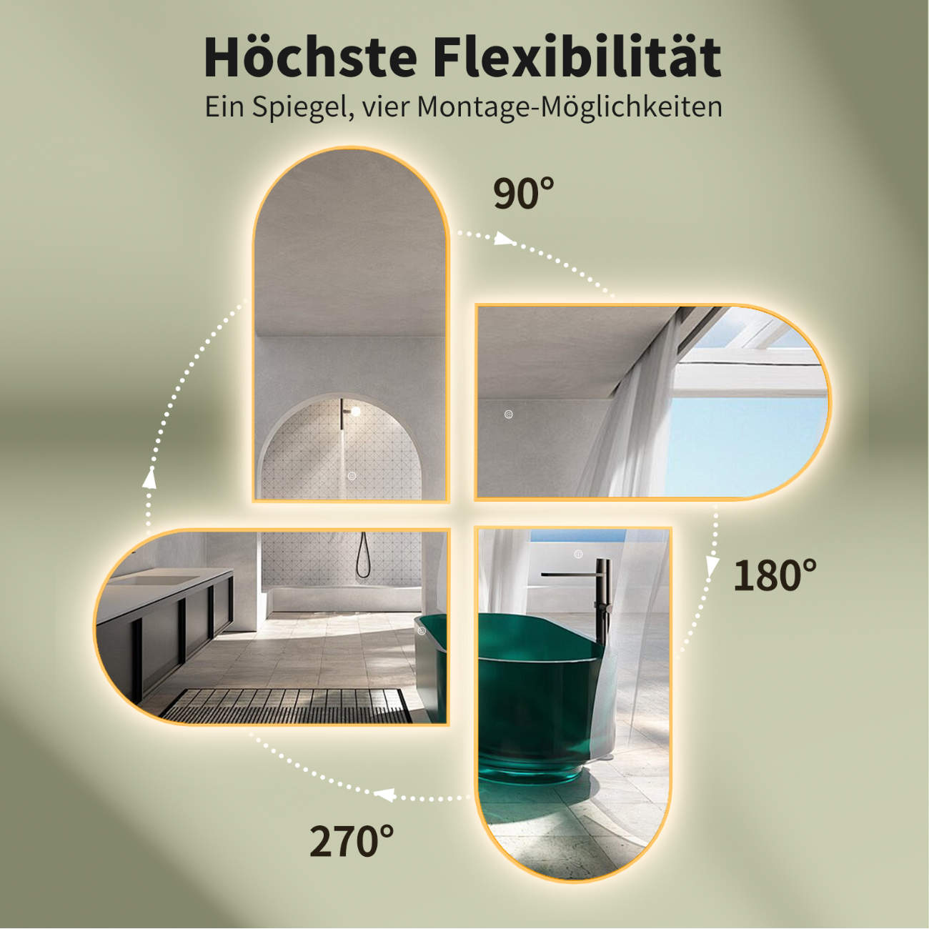 Badspiegel mit Beleuchtung, Bogenform Wandspiegel, Gold Metall Rahmen, Lichtwechsel, HOCH & QUER Montage