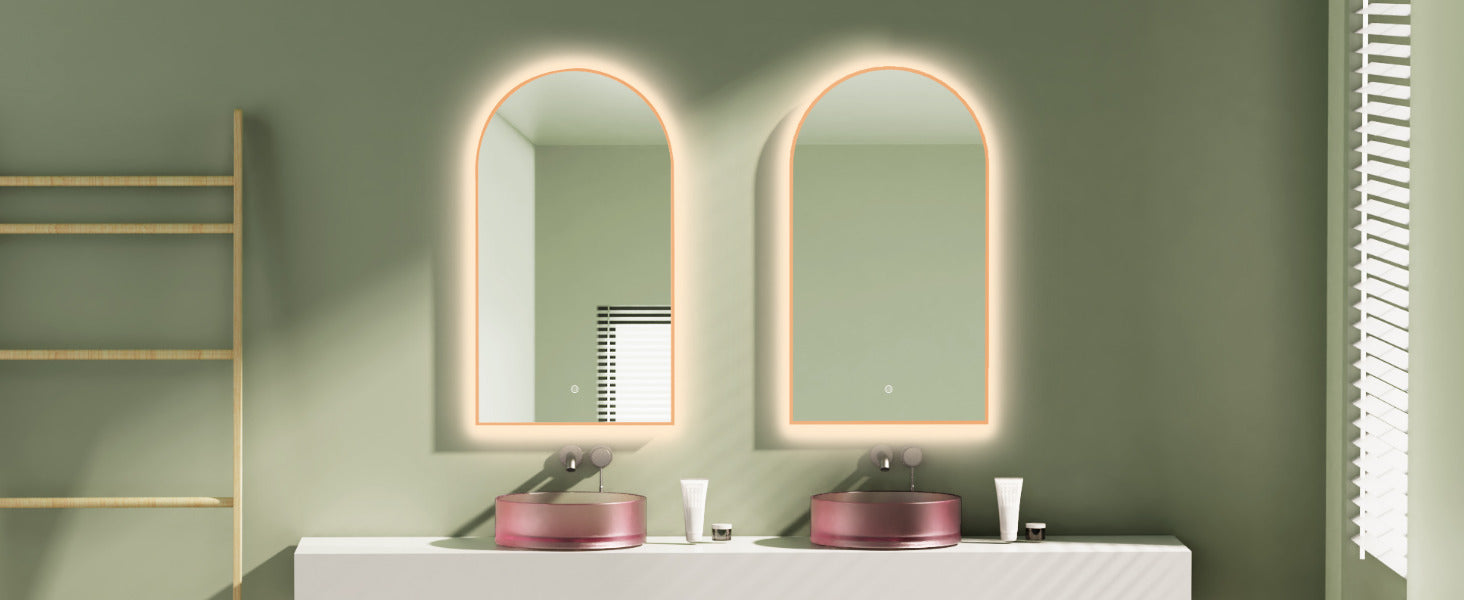 Badspiegel mit Beleuchtung, Bogenform Wandspiegel, Gold Metall Rahmen, Lichtwechsel, HOCH & QUER Montage