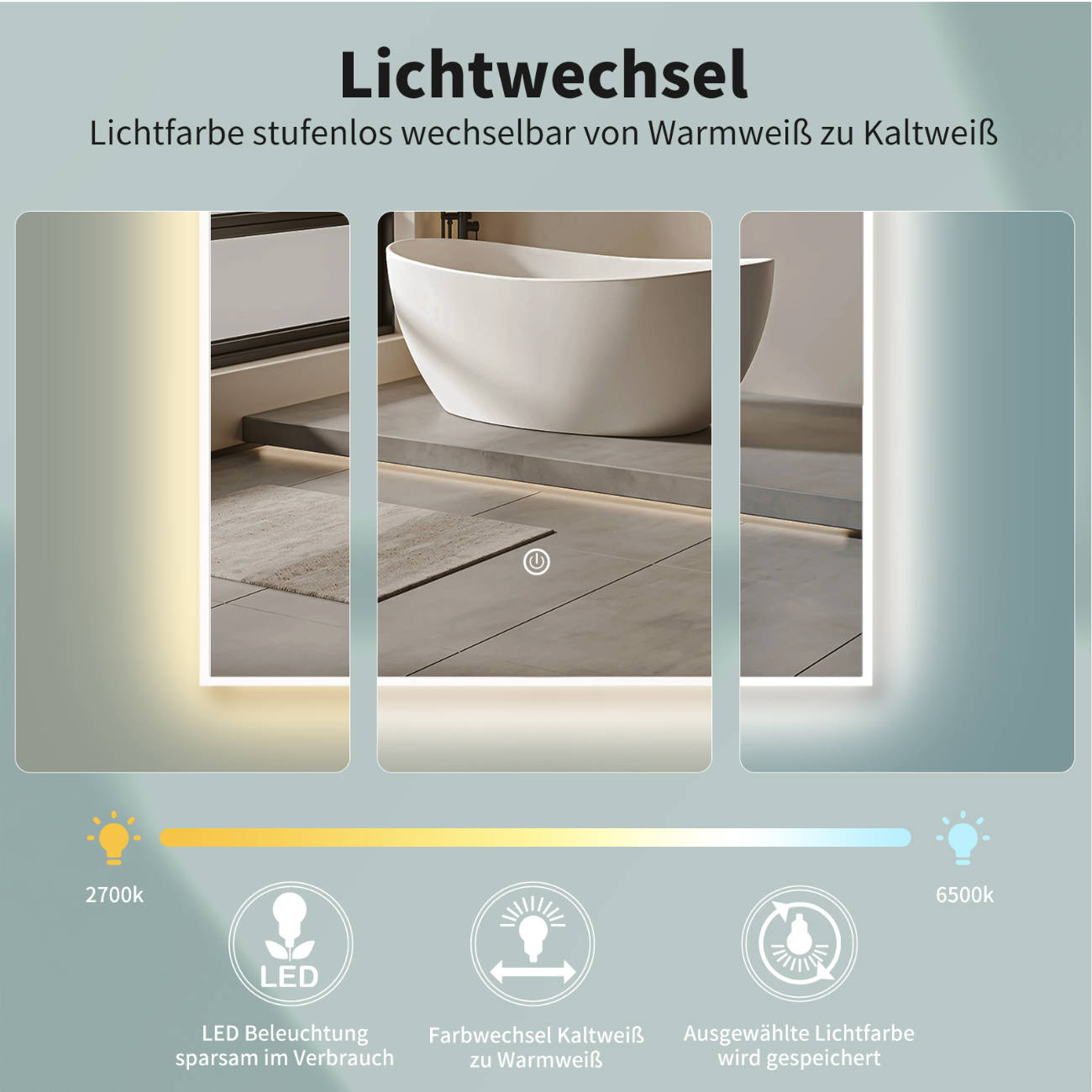 LED Badspiegel, Arch-Form Wandspiegel, Weiß Metall Rahmen, Lichtwechsel, HOCH & QUER Montage