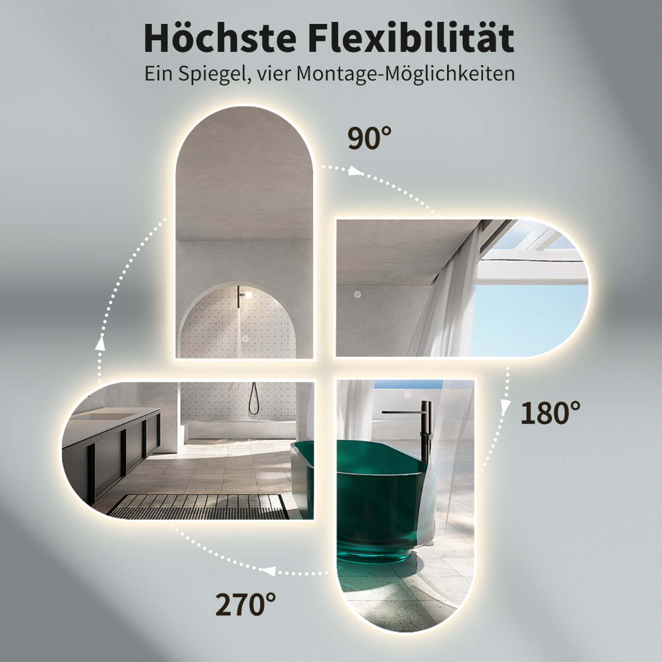 LED Badspiegel, Arch-Form Wandspiegel, Weiß Metall Rahmen, Lichtwechsel, HOCH & QUER Montage