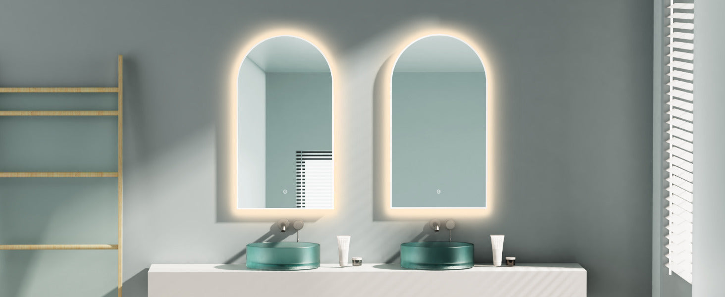 LED Badspiegel, Arch-Form Wandspiegel, Weiß Metall Rahmen, Lichtwechsel, HOCH & QUER Montage