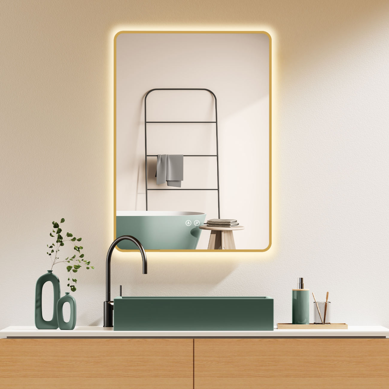 ANTIBESCHLAG Badspiegel mit Beleuchtung mit Gold Metall Rahmen, Lichtwechsel