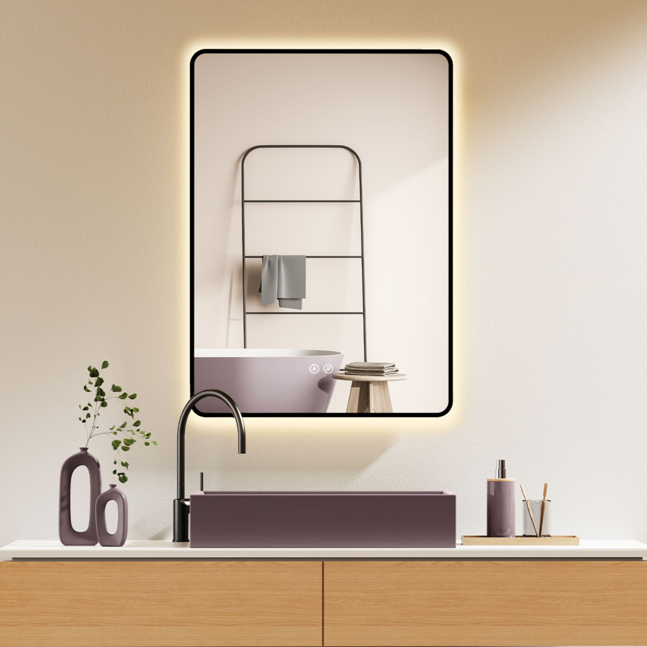 ANTIBESCHLAG LED Wandspiegel mit Schwarz Metall Rahmen, Lichtwechsel