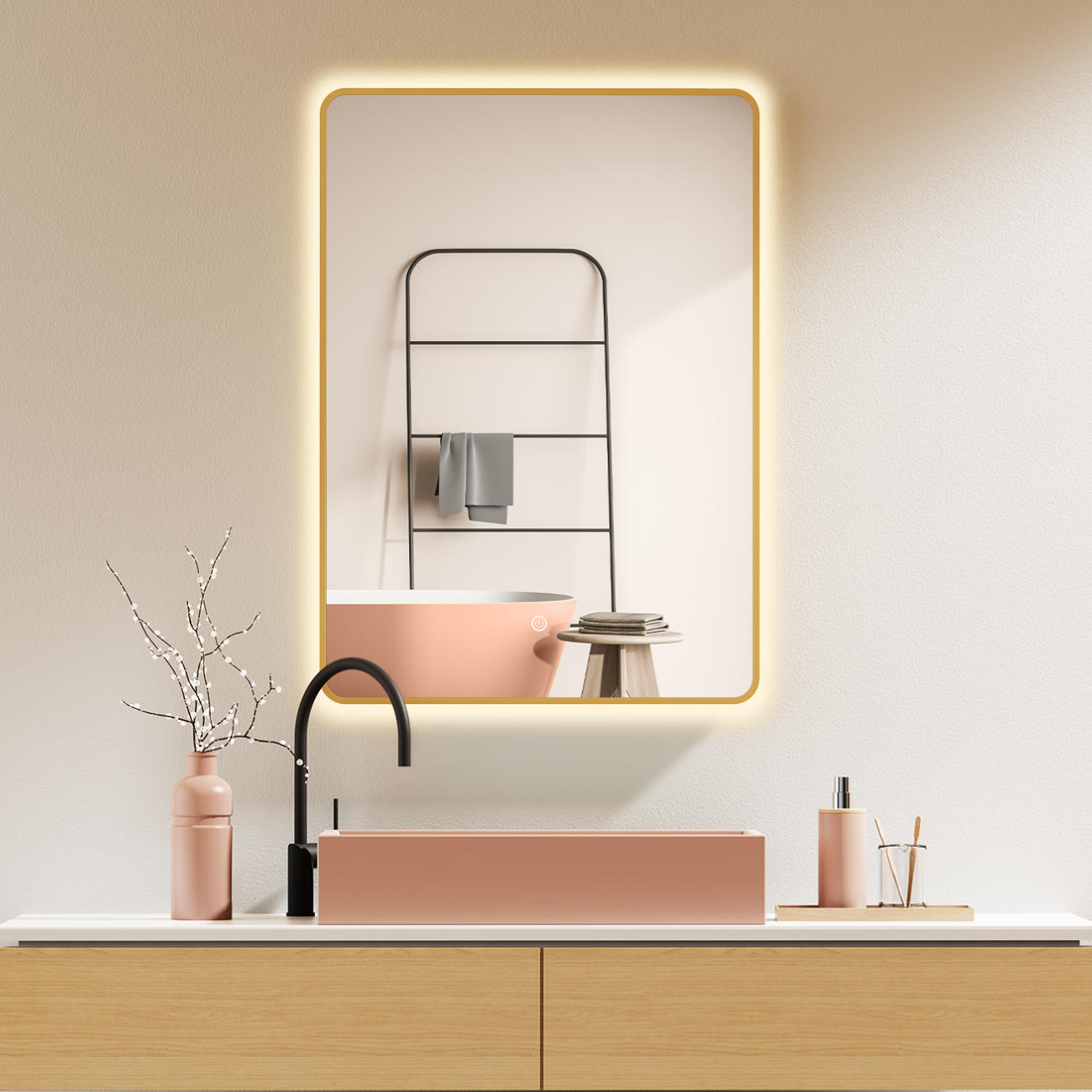 LED Badespiegel, Dekor Wandspiegel mit Gold Metall Rahmen, Lichtwechsel