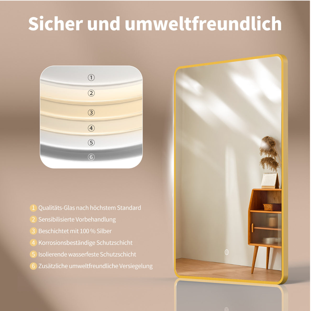 LED Badspiegel, Spiegel mit Beleuchtung, Gold Metall Rahmen