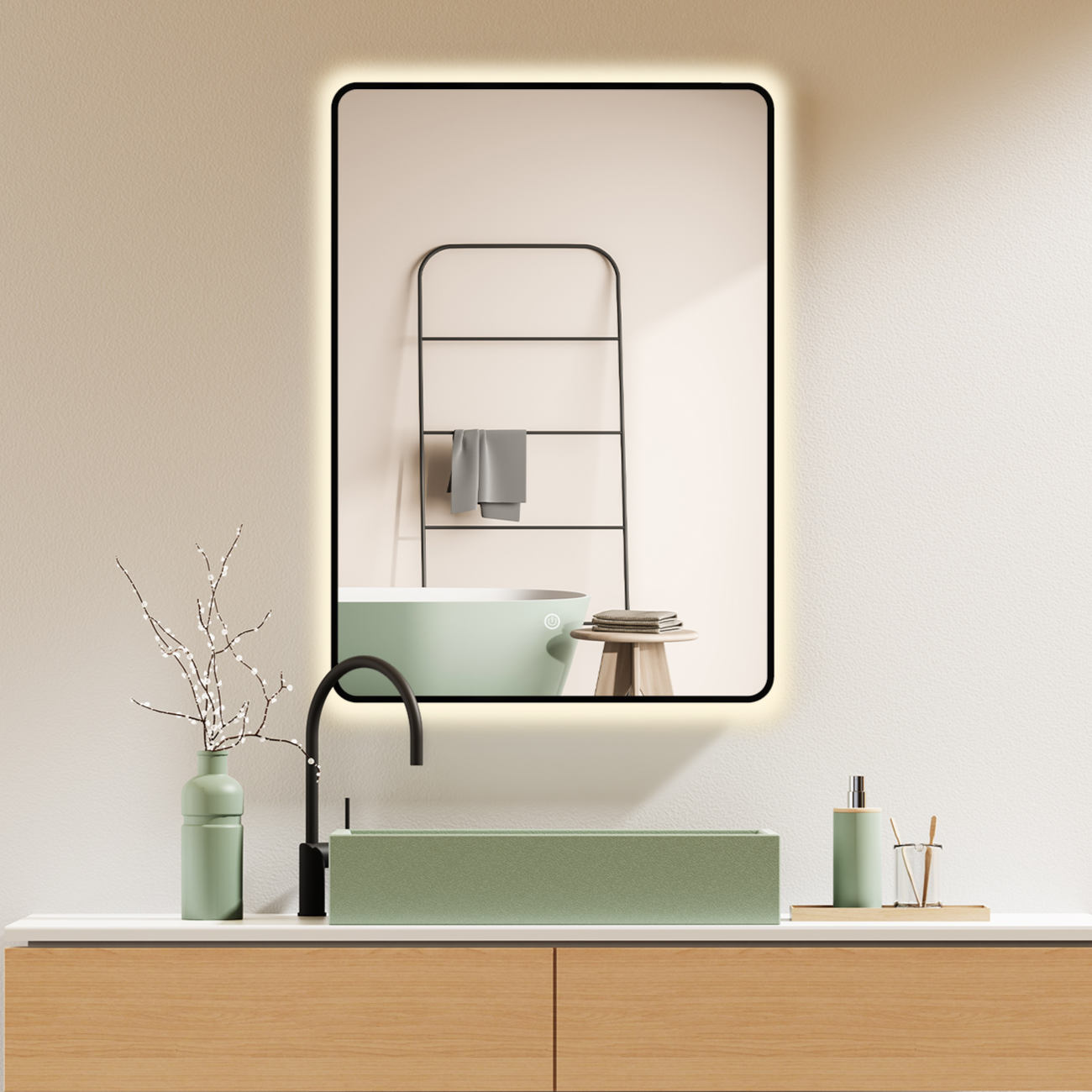 LED Badspiegel, Design Wandspiegel mit Beleuchtung, Schwarzer Metall Rahmen