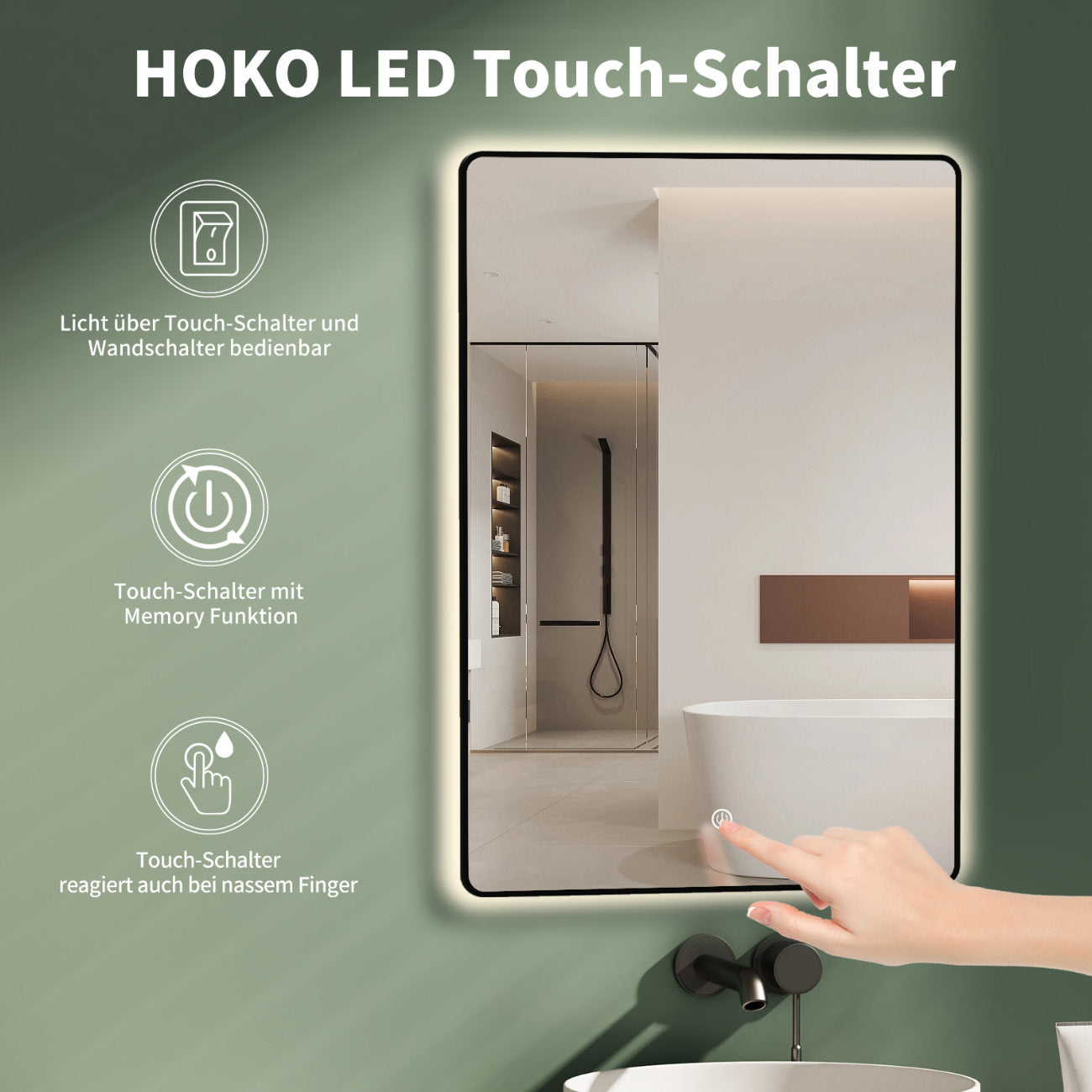 LED Badspiegel, Design Wandspiegel mit Beleuchtung, Schwarzer Metall Rahmen
