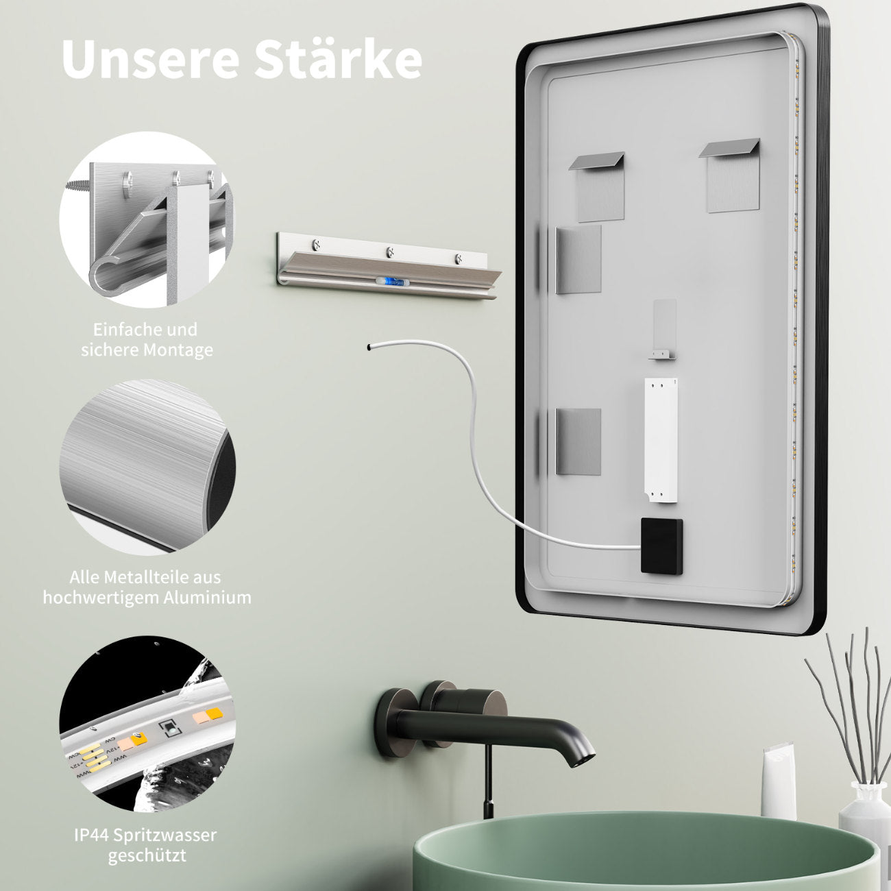 LED Badspiegel, Design Wandspiegel mit Beleuchtung, Schwarzer Metall Rahmen