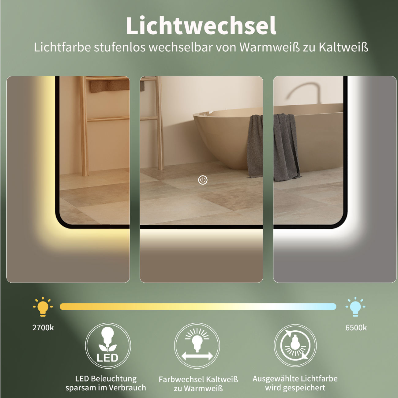 LED Badspiegel, Design Wandspiegel mit Beleuchtung, Schwarzer Metall Rahmen