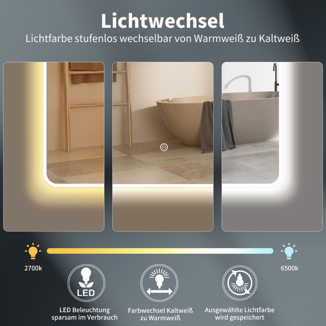 Wandspiegel mit Beleuchtung / LED Badespiegel mit Weiß Metall Rahmen, Licht Wechsel
