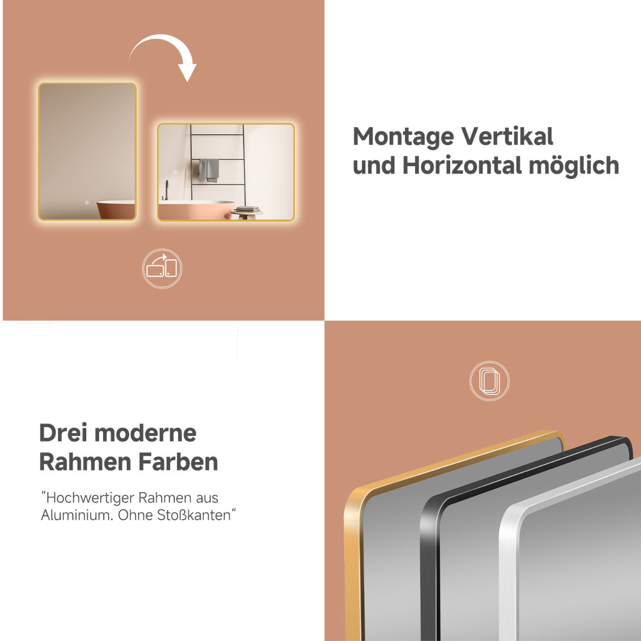 LED wall mirror with gold metal frame, light changing