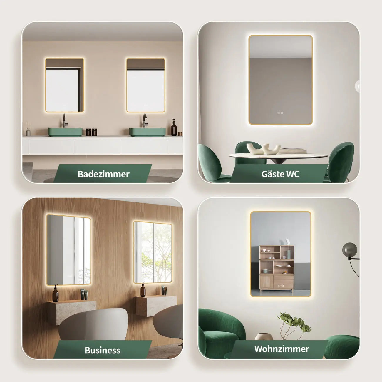 ANTIBESCHLAG Badspiegel mit Beleuchtung mit Gold Metall Rahmen, Lichtwechsel - HOKO-Style