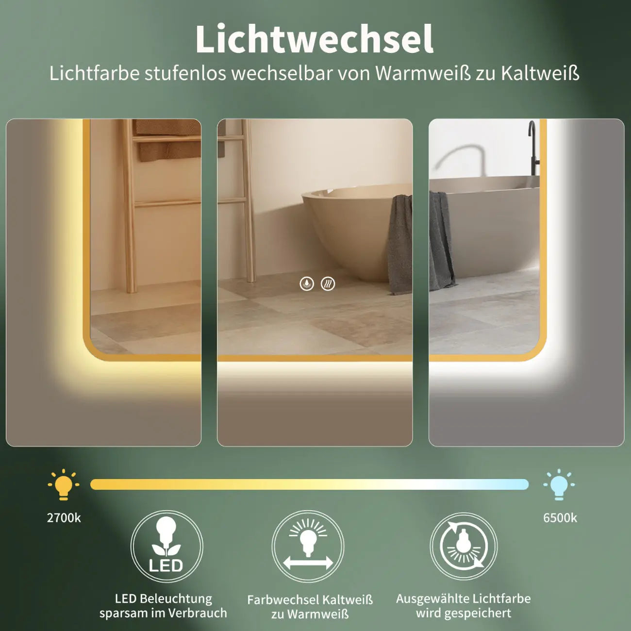 ANTIBESCHLAG Badspiegel mit Beleuchtung mit Gold Metall Rahmen, Lichtwechsel - HOKO-Style