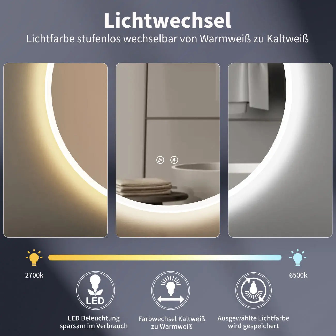 ANTIBESCHLAG LED Runder Badespiegel mit Weiß Metall RAHMEN, Licht Wechsel - HOKO-Style