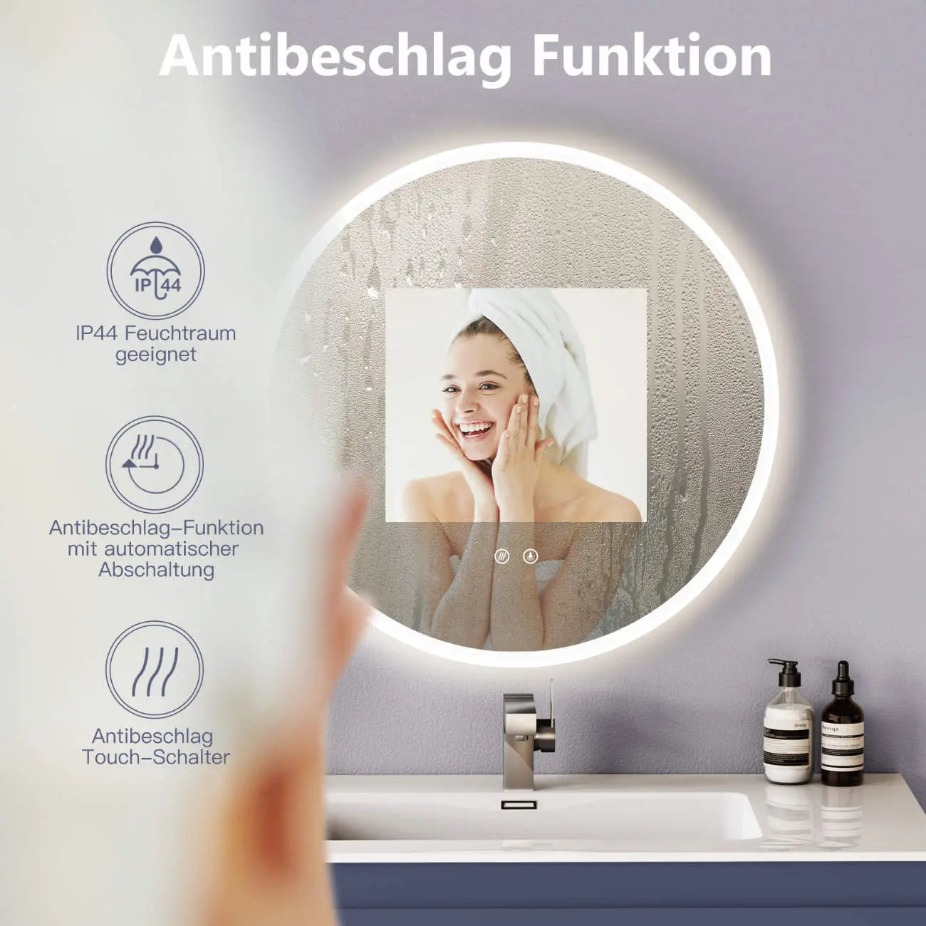 ANTIBESCHLAG LED Runder Badespiegel mit Weiß Metall RAHMEN, Licht Wechsel - HOKO-Style