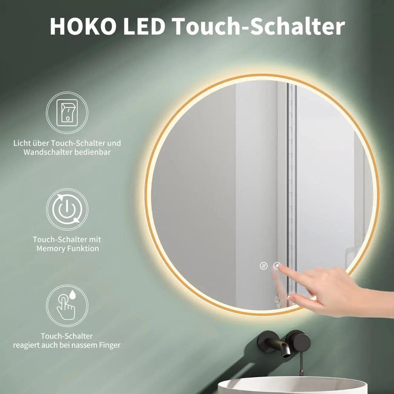 ANTIBESCHLAG LED Runder Wandspiegel mit Gold Metall RAHMEN, Licht Wechsel - HOKO-Style