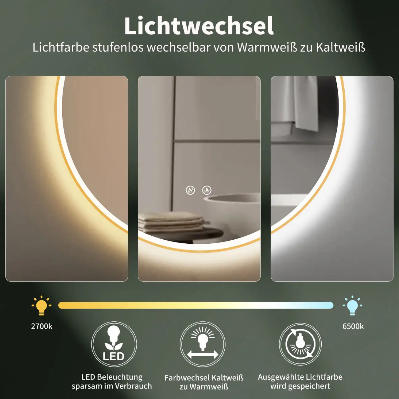 ANTIBESCHLAG LED Runder Wandspiegel mit Gold Metall RAHMEN, Licht Wechsel - HOKO-Style