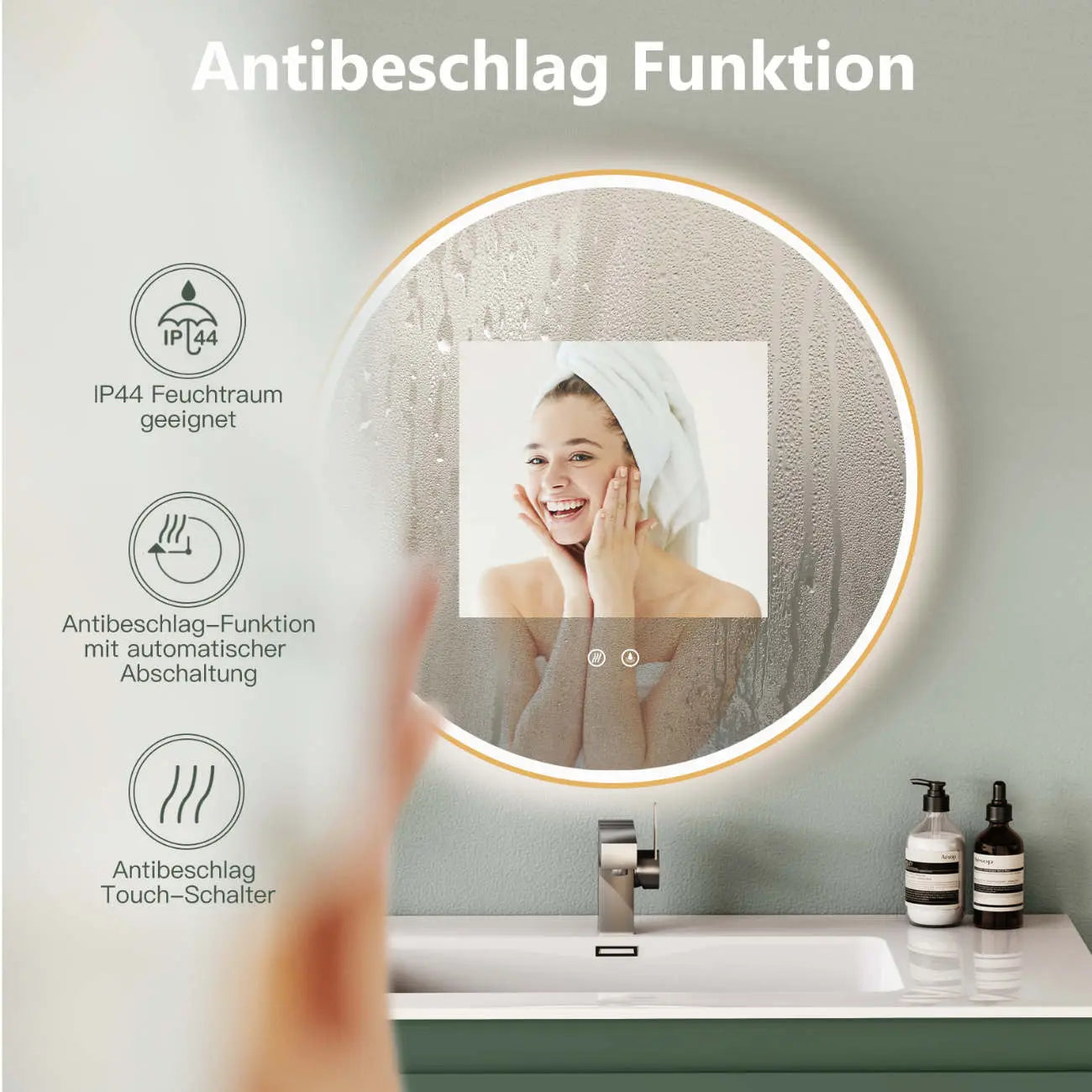 ANTIBESCHLAG LED Runder Wandspiegel mit Gold Metall RAHMEN, Licht Wechsel - HOKO-Style
