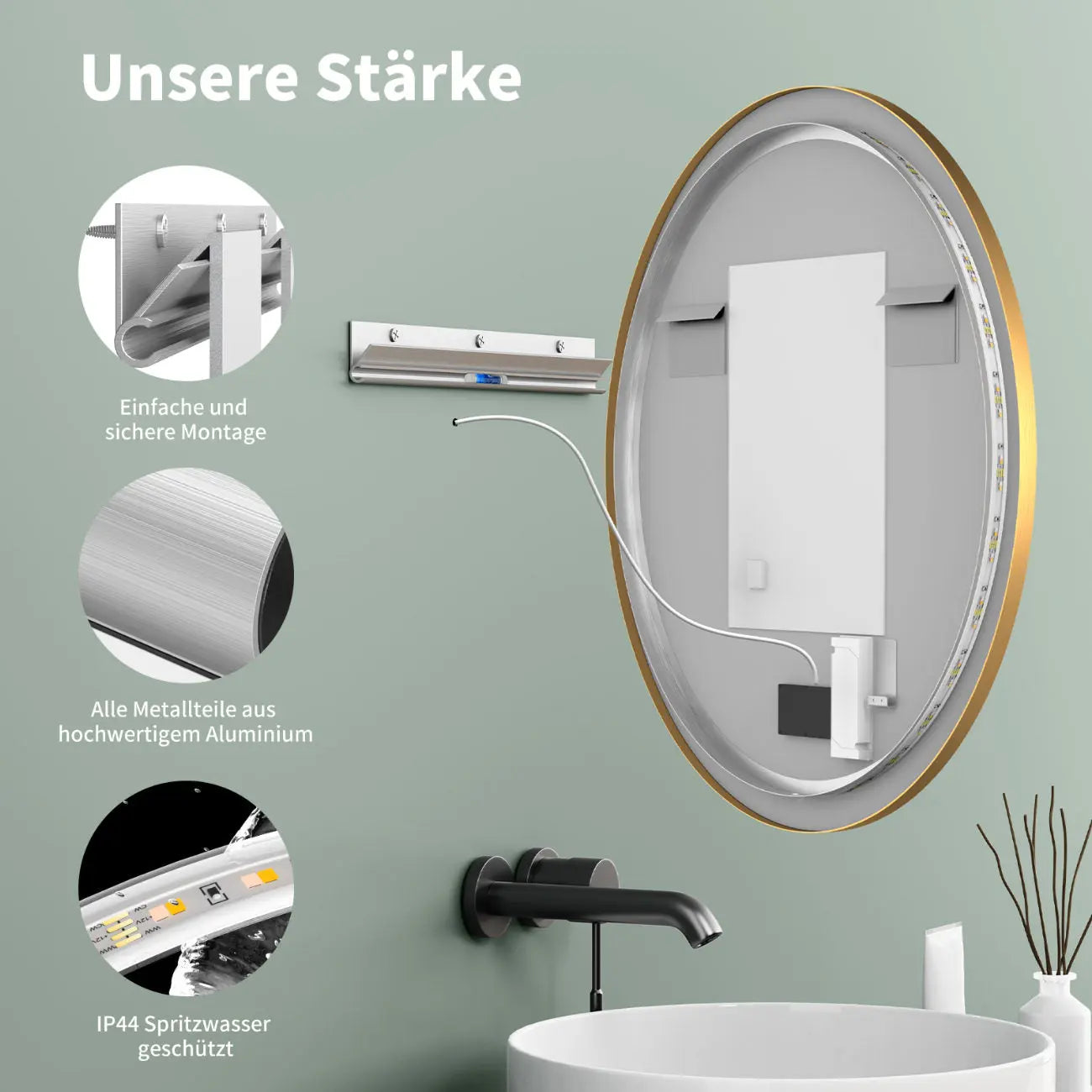 ANTIBESCHLAG LED Runder Wandspiegel mit Gold Metall RAHMEN, Licht Wechsel - HOKO-Style
