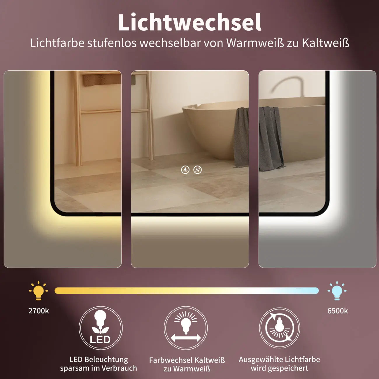ANTIBESCHLAG LED Wandspiegel mit Schwarz Metall Rahmen, Lichtwechsel - HOKO-Style