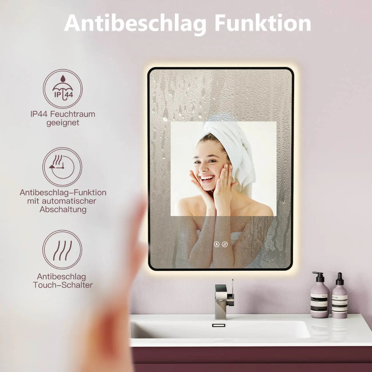 ANTIBESCHLAG LED Wandspiegel mit Schwarz Metall Rahmen, Lichtwechsel - HOKO-Style