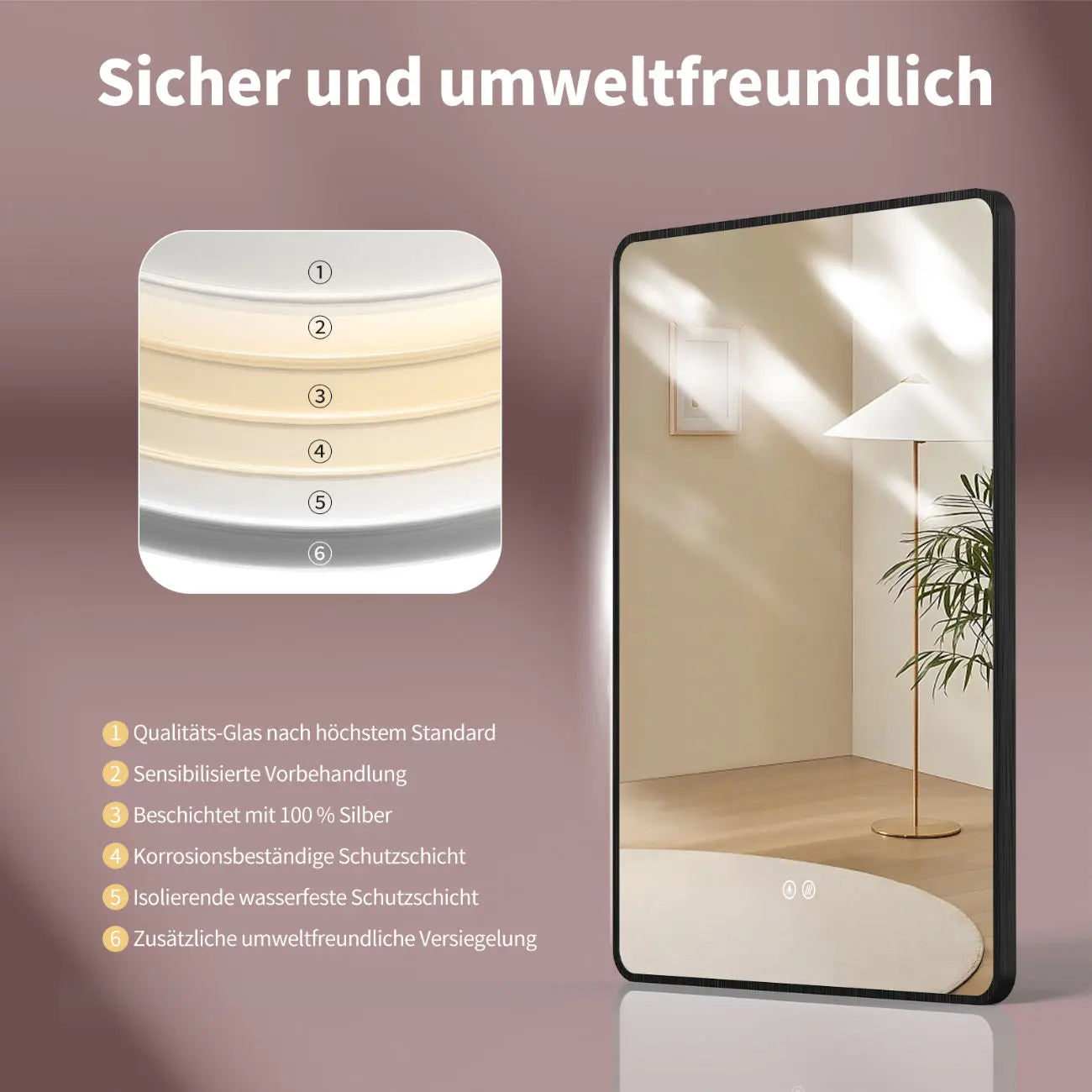 ANTIBESCHLAG LED Wandspiegel mit Schwarz Metall Rahmen, Lichtwechsel - HOKO-Style