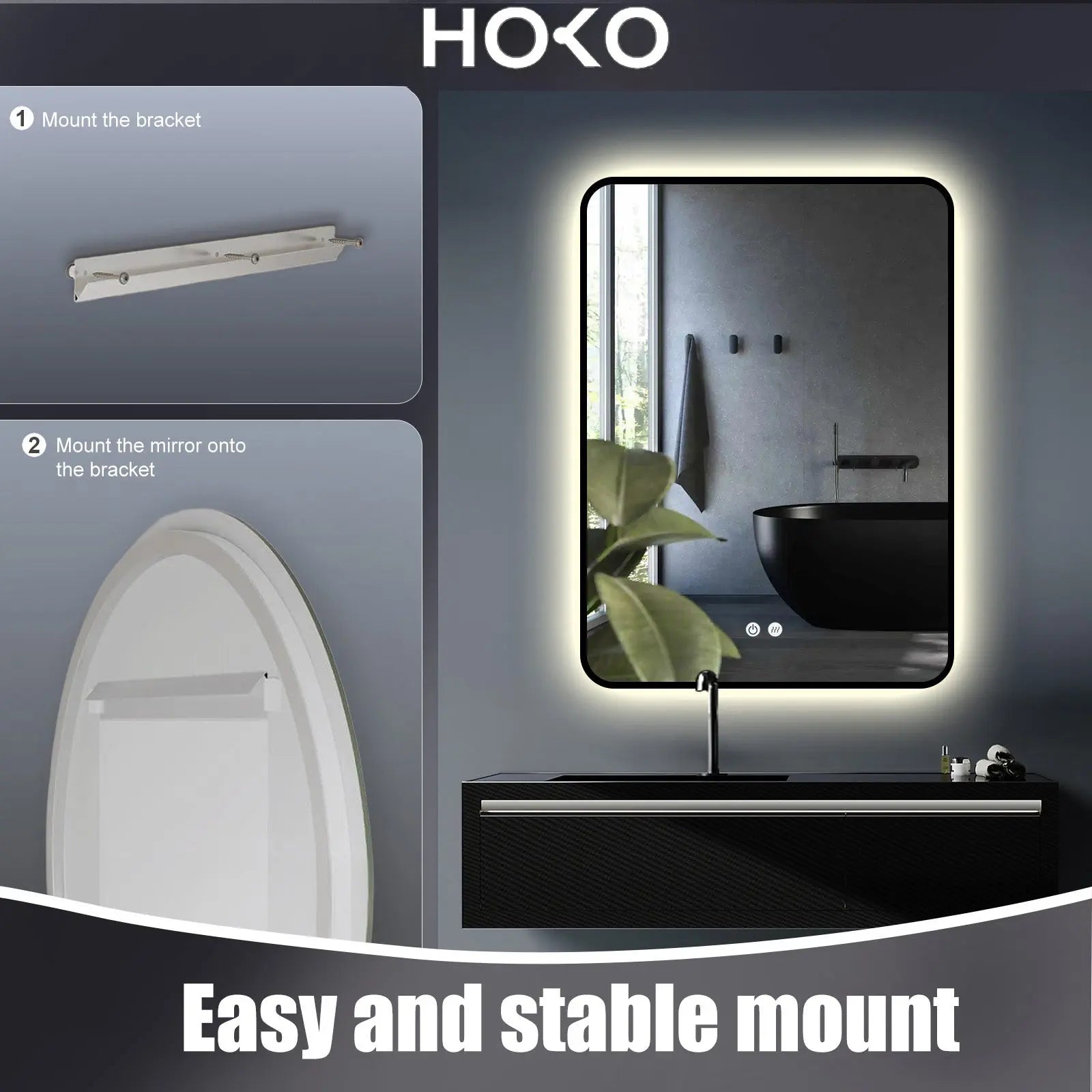 ANTIBESCHLAG LED Wandspiegel mit Schwarz Metall Rahmen, Lichtwechsel - HOKO-Style