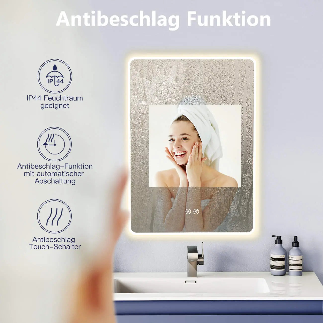 ANTIBESCHLAG LED Wandspiegel mit Weiß Metall Rahmen, Lichtwechsel - HOKO-Style