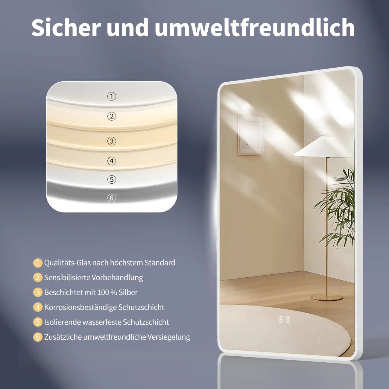 ANTIBESCHLAG LED Wandspiegel mit Weiß Metall Rahmen, Lichtwechsel - HOKO-Style