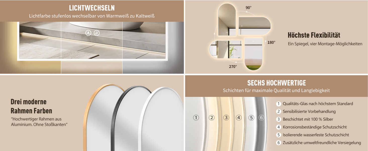 LED Badspiegel, Anti-Beschlag, Bogenform Wandspiegel, Lichtwechsel, Metall Rahmen Weiß