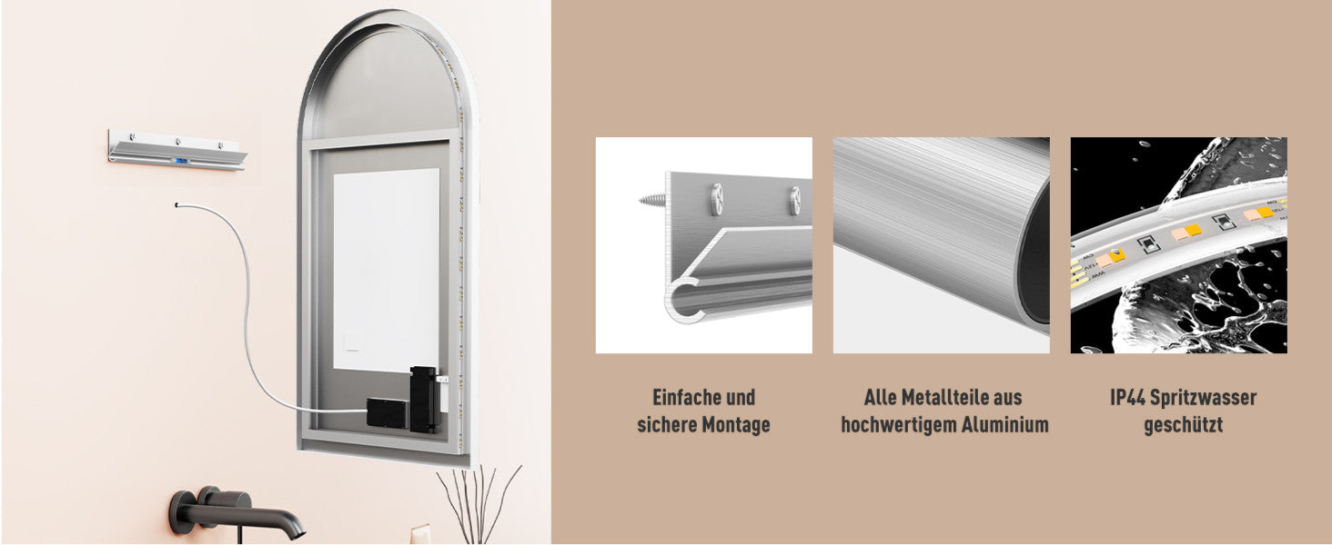 LED Badspiegel, Anti-Beschlag, Bogenform Wandspiegel, Lichtwechsel, Metall Rahmen Weiß