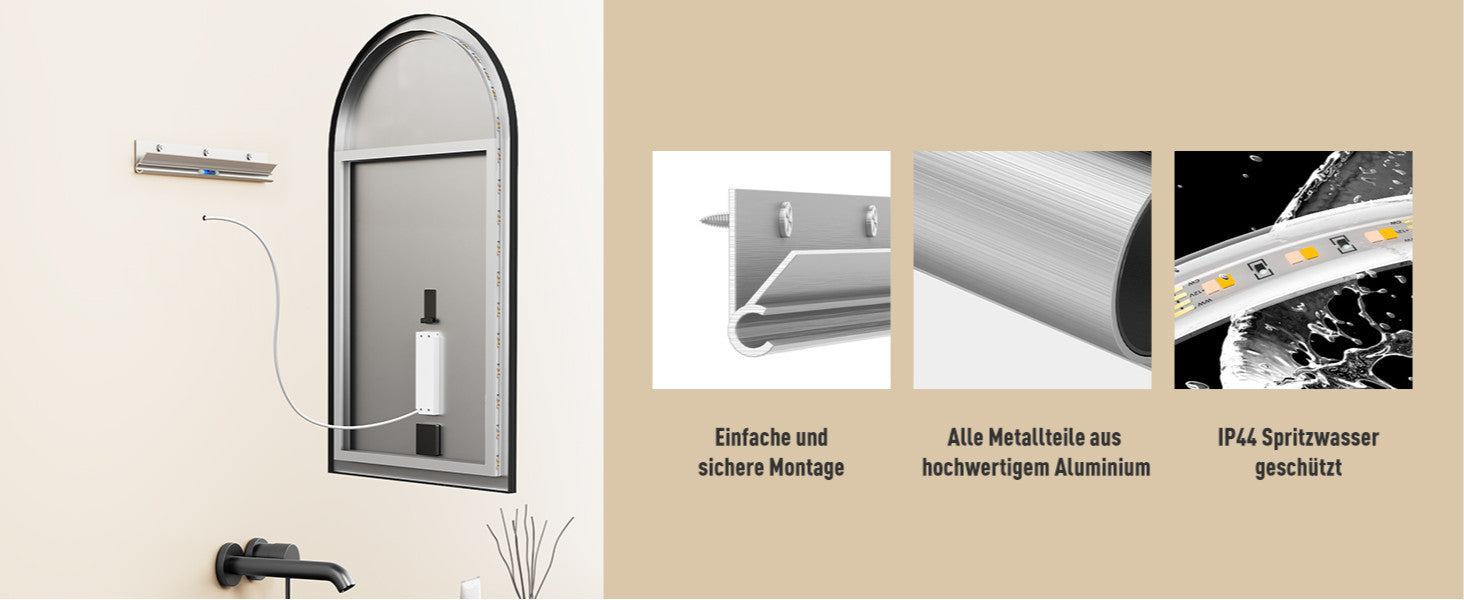 LED Wandspiegel, Bogenform Lichtspiegel, Schwarz Metall Rahmen, Lichtwechsel, HOCH & QUER Montage
