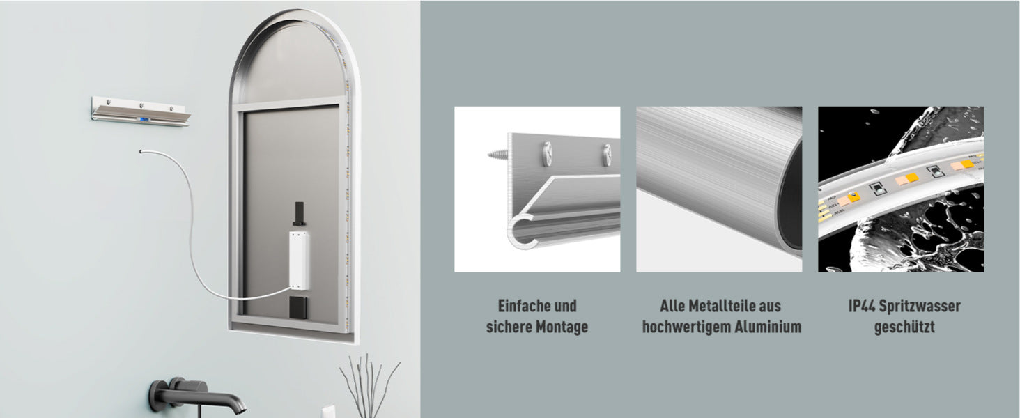 LED Badspiegel, Arch-Form Wandspiegel, Weiß Metall Rahmen, Lichtwechsel, HOCH & QUER Montage