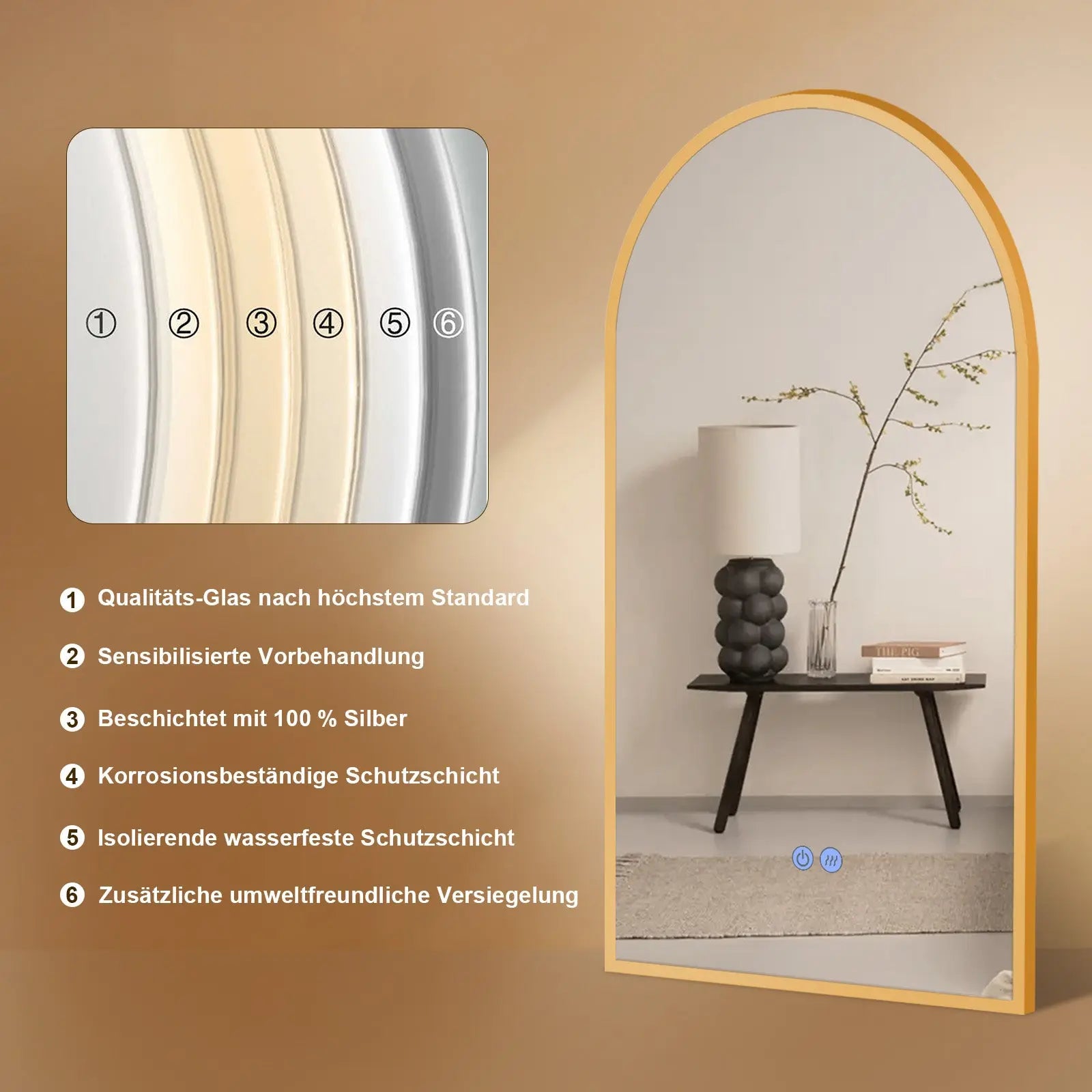 Badspiegel mit Beleuchtung und SPIEGEL HEIZUNG, Bogenform mit Gold Metall Rahmen (Kopie) - HOKO-Style