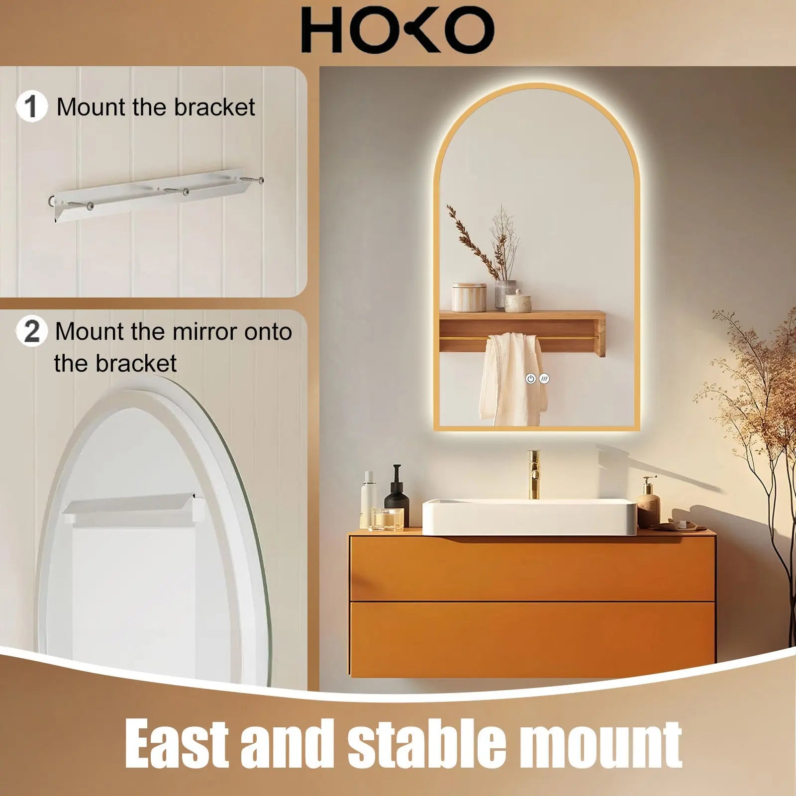 Badspiegel mit Beleuchtung und SPIEGEL HEIZUNG, Bogenform mit Gold Metall Rahmen (Kopie) - HOKO-Style