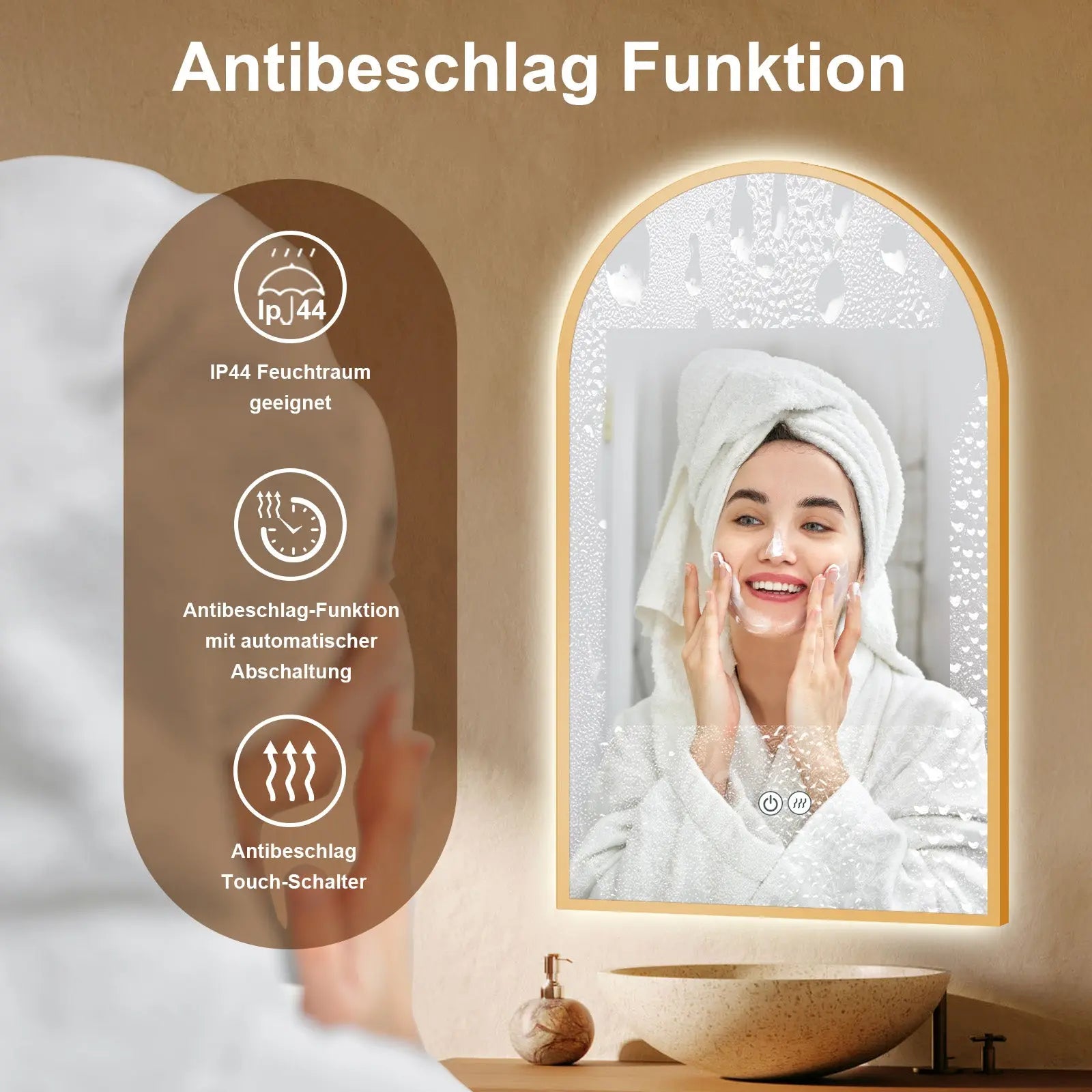 Badspiegel mit Beleuchtung und SPIEGEL HEIZUNG, Bogenform mit Gold Metall Rahmen (Kopie) - HOKO-Style