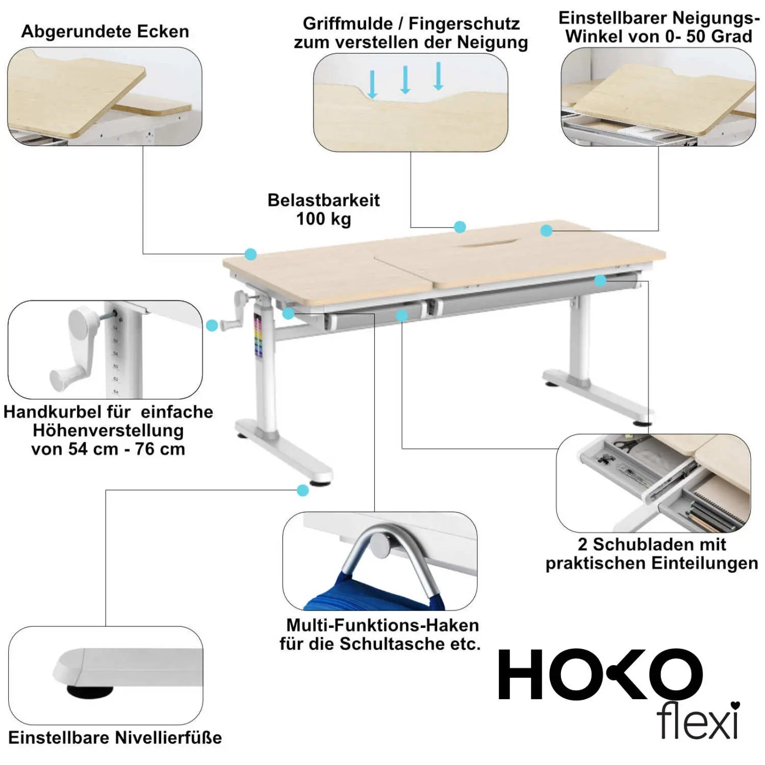 CELIN-Ergo-Study-Table manuell höhenverstellbar Kinder-Schreibtisch mit verstellbarer Tischplatte - HOKO-Style