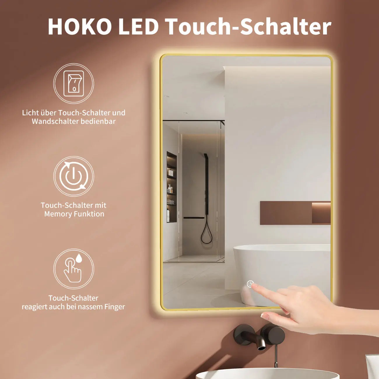 LED Badespiegel / Dekor Spiegel mit Gold Metall Rahmen, Lichtwechsel - HOKO-Style