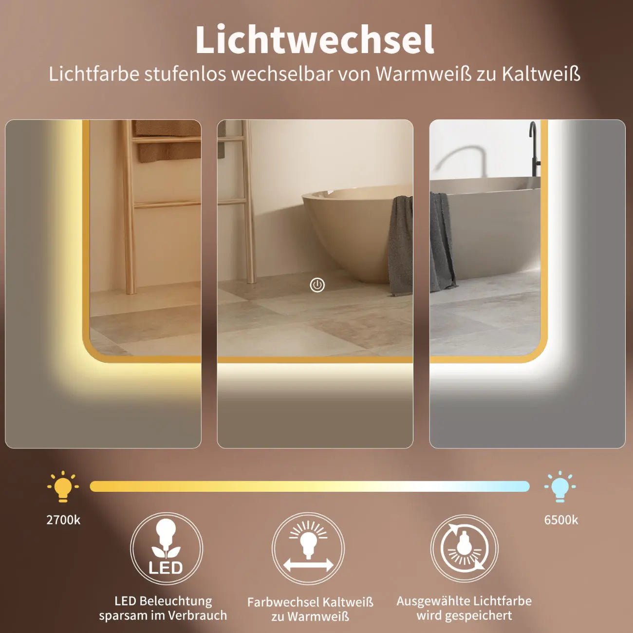 LED Badespiegel / Dekor Spiegel mit Gold Metall Rahmen, Lichtwechsel - HOKO-Style