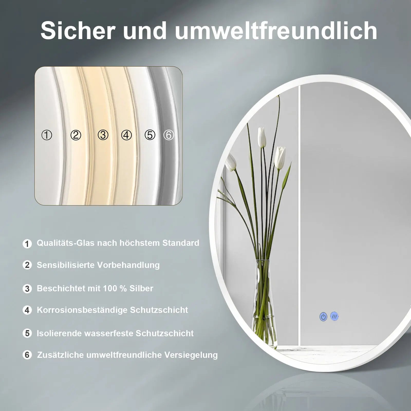 Design LED Badspiegel rund – mit Antibeschlag, integrierter Spiegelheizung & einstellbarer Lichtfarbe - HOKO-Style