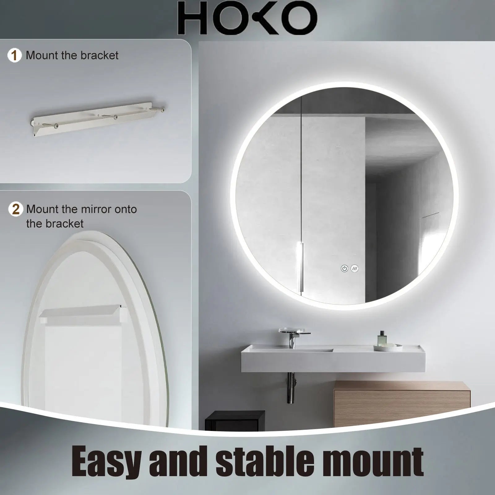 Design LED Badspiegel rund – mit Antibeschlag, integrierter Spiegelheizung & einstellbarer Lichtfarbe - HOKO-Style