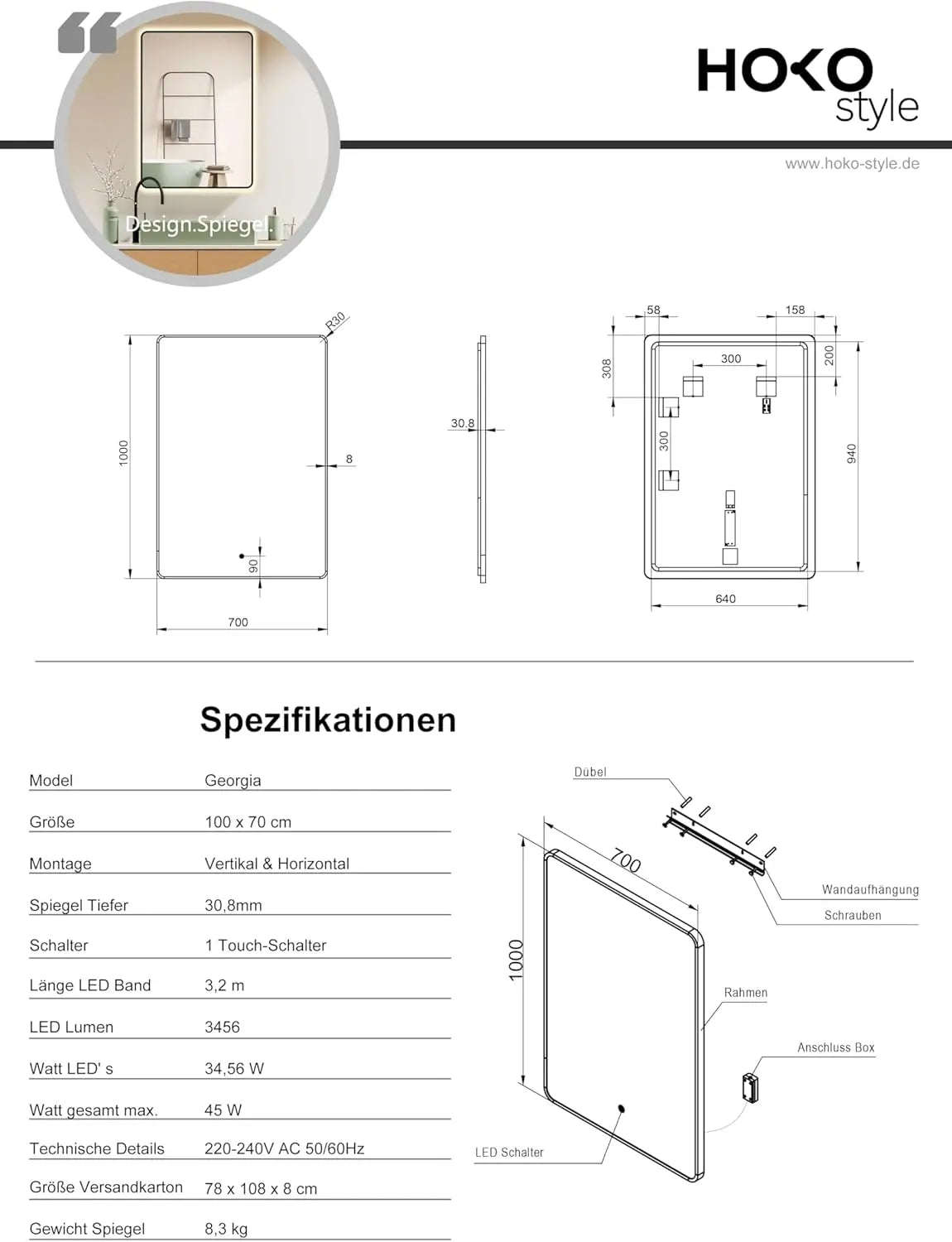 Design LED Badspiegel rund – mit Antibeschlag, integrierter Spiegelheizung & einstellbarer Lichtfarbe - HOKO-Style