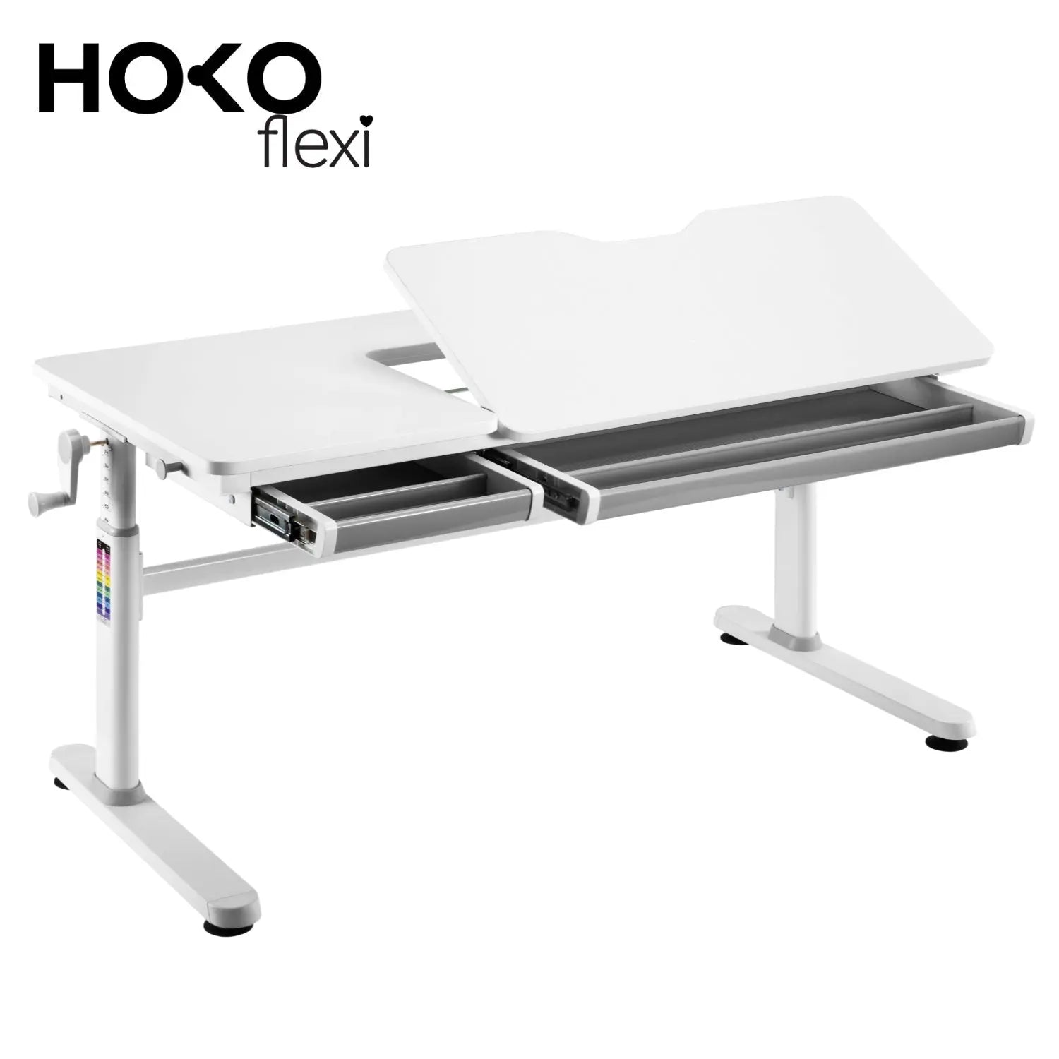 ELIN-Ergo-Study-Table manuell höhenverstellbar Kinder-Schreibtisch mit verstellbarer Tischplatte, Weiß - HOKO-Style