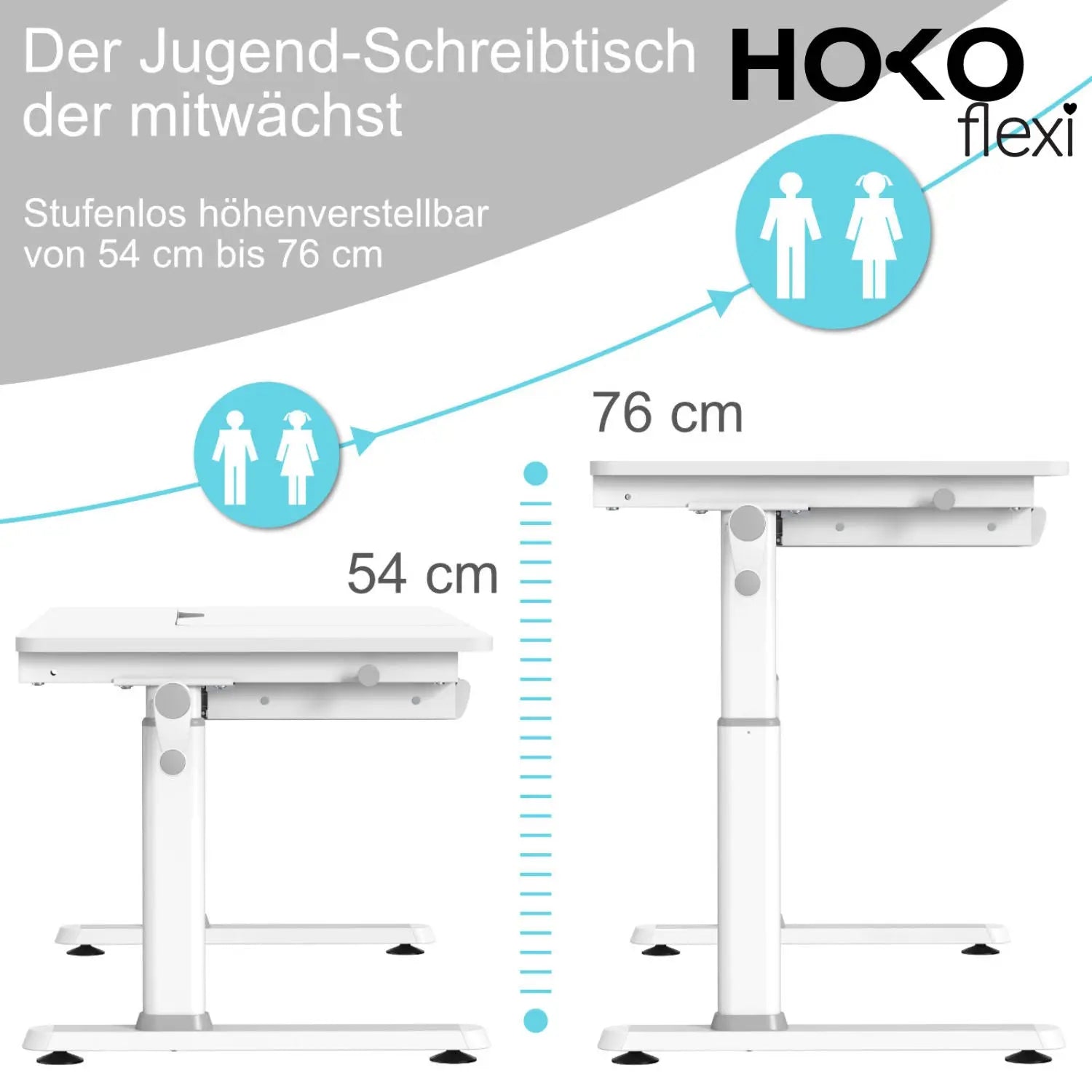 ELIN-Ergo-Study-Table manuell höhenverstellbar Kinder-Schreibtisch mit verstellbarer Tischplatte, Weiß - HOKO-Style
