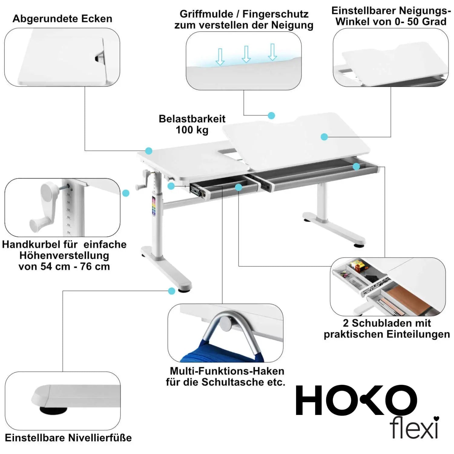 ELIN-Ergo-Study-Table manuell höhenverstellbar Kinder-Schreibtisch mit verstellbarer Tischplatte, Weiß - HOKO-Style