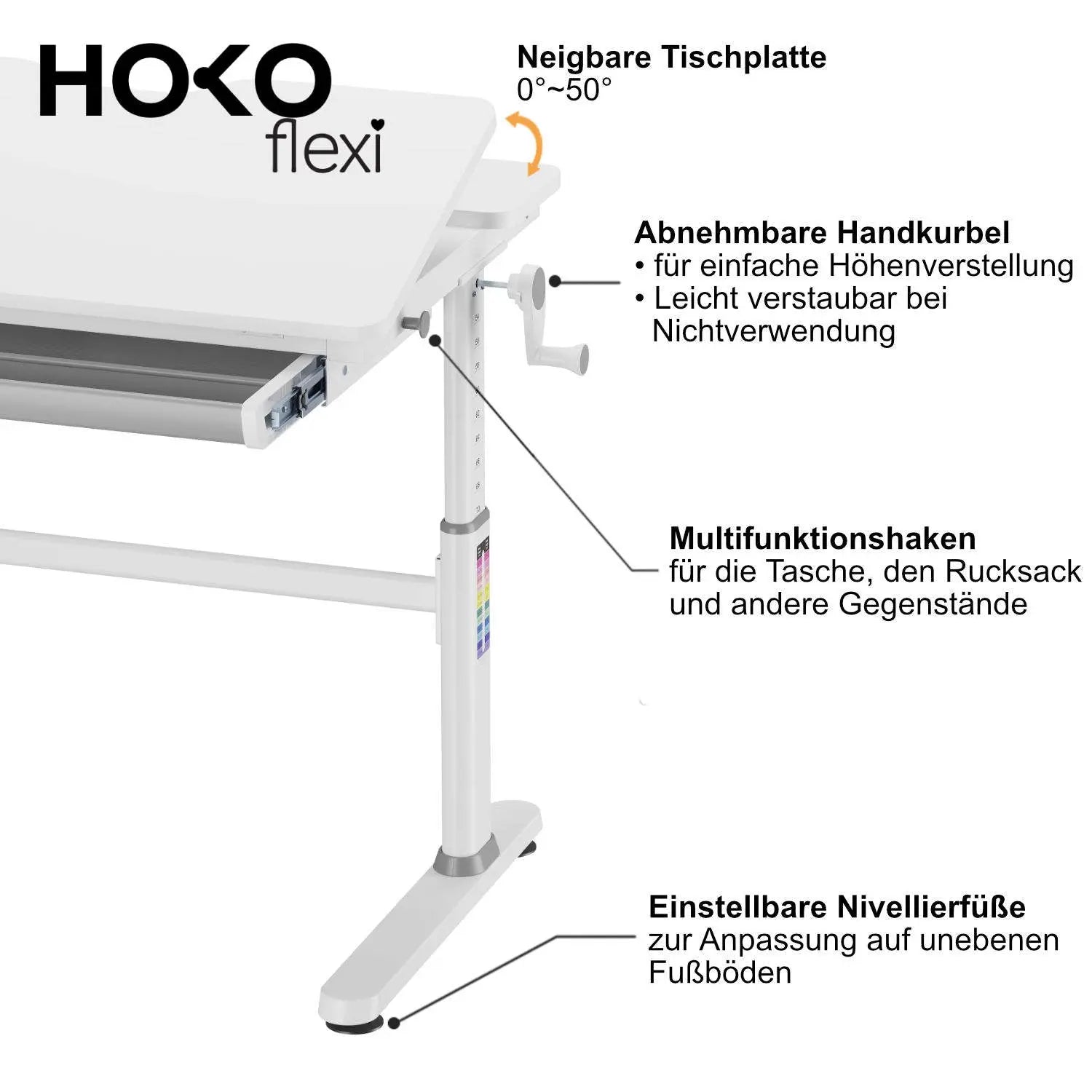 ELIN-Ergo-Study-Table manuell höhenverstellbar Kinder-Schreibtisch mit verstellbarer Tischplatte, Weiß - HOKO-Style
